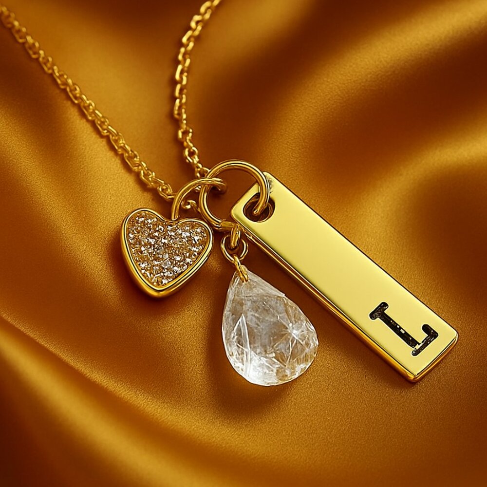 Gold Initial “L” Charm Necklace w/ Crystal Heart & Teardrop Quartz – Jewelry
